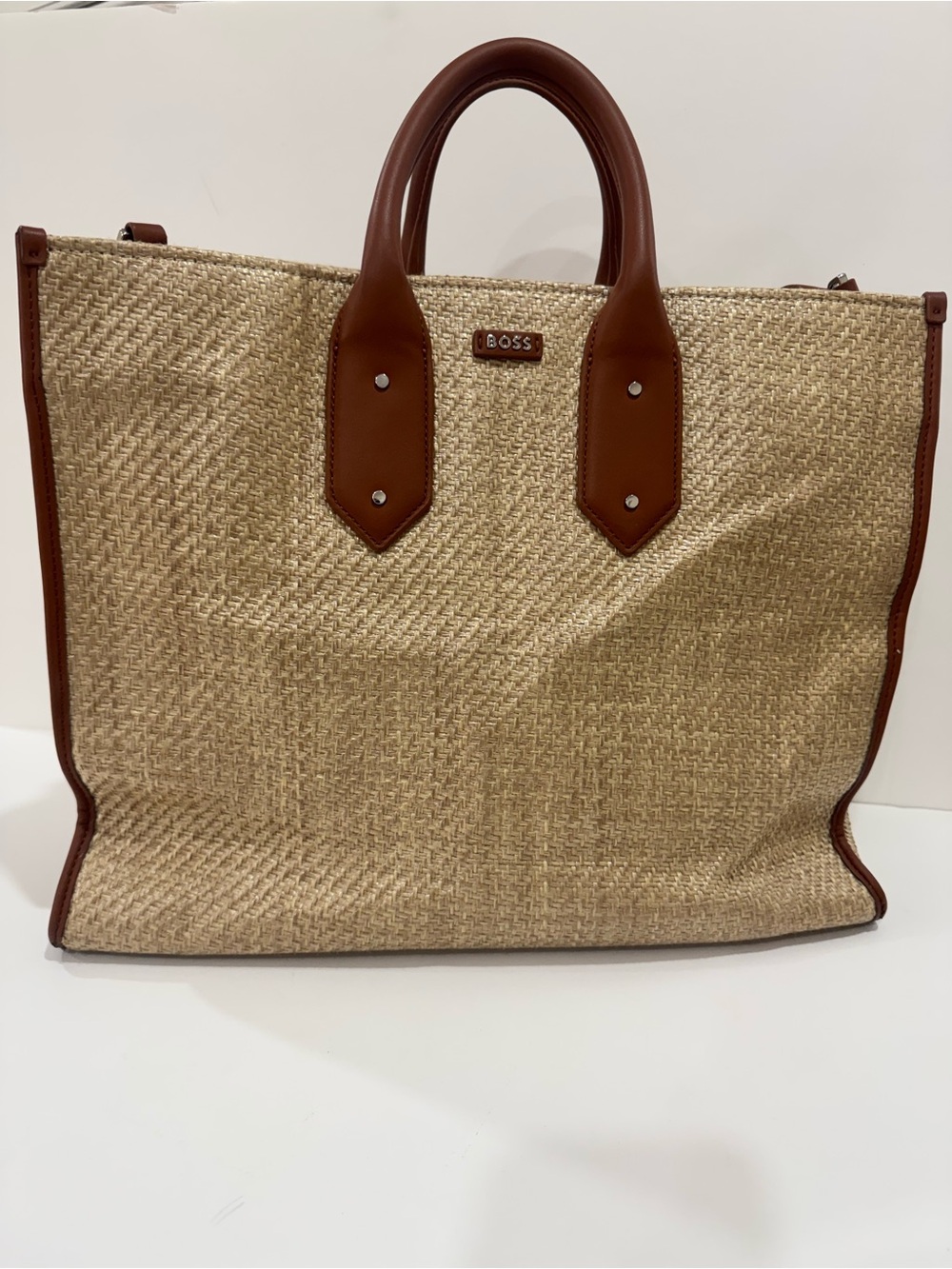 Boss Natural Straw Tote with Brown Leather Trim